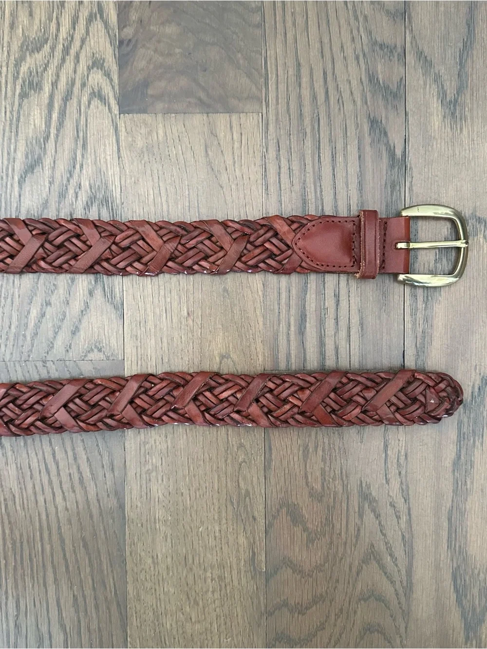 Vintage Talbots Braided Leather Belt Solid Brass Square Buckle Warm Brown Large